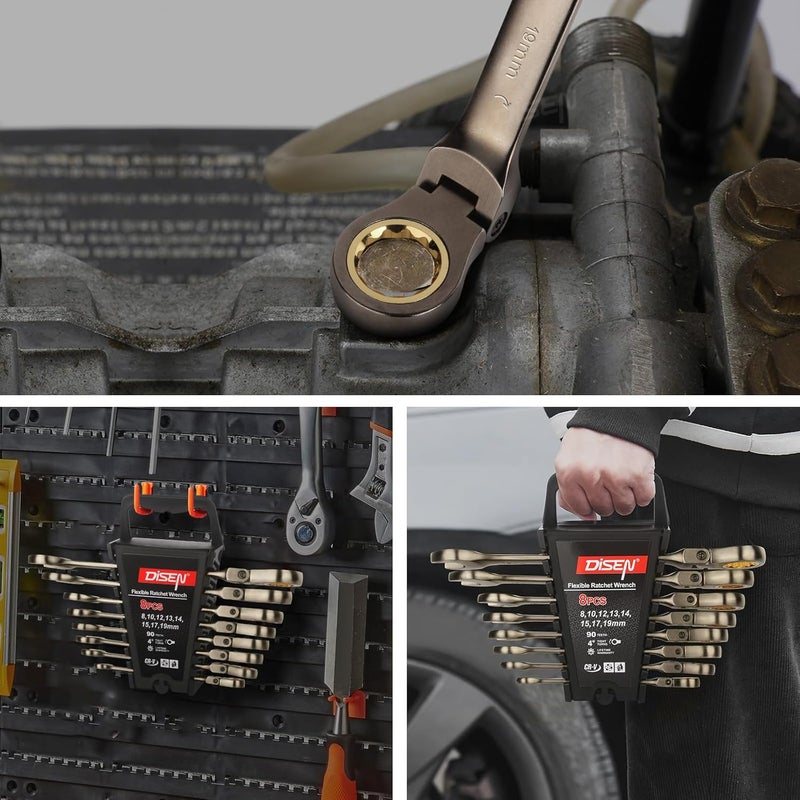 DISEN 90 Teeth Ratchet Wrenches Set 8 Pieces, Flex Head Ratcheting Wrench Set Metric 8 10 12 13 14 15 17 19MM, Nickel Plating Cr-V Constructed with Organizer Rack - Image 5